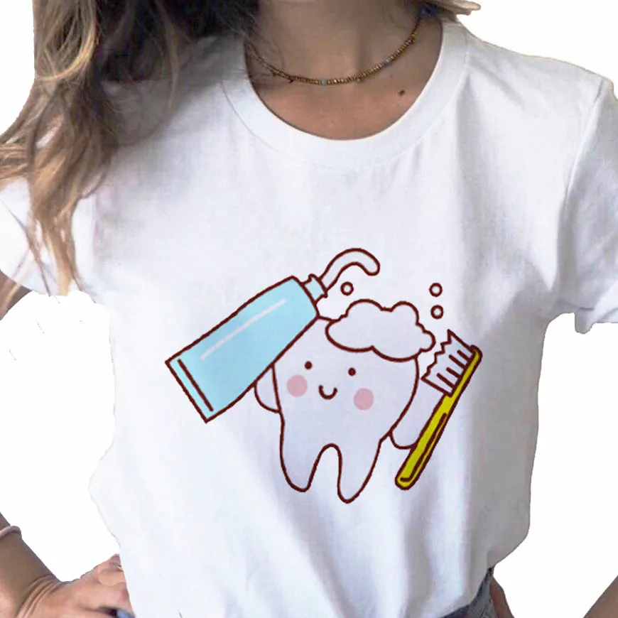 

Top Beautiful cartoon teeth dentist print ladies T-shirt casual basis O-collar white shirt short sleeve ladies T-shirt,Drop Ship