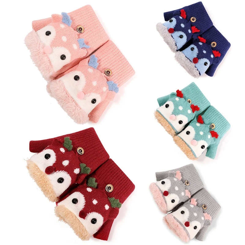 

Toddler Kids Winter Knitted Convertible Gloves Christmas Cartoon Reindeer Warm Plush Lined Flip Top Fingerless Mittens