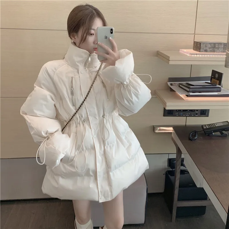 

Women Winter Coat Korean Stand-up Collar Shiny Bubble Coat Drawstring Adjustable Waist Mid-length Down Jacket Puffer Overcoat
