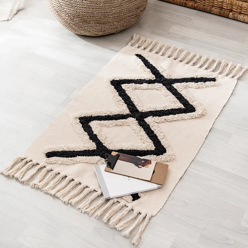 

Ethnic Vintage Hemp Cotton Bohemian Carpet Floor Mat Living Room Bedroom Bedside Doormat Blanket Tapestry Soft Carpet Tassels