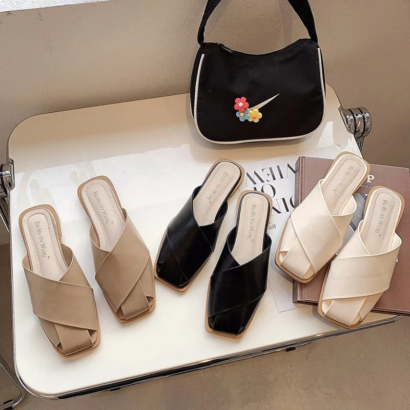 

Flat Shoes Female Square Toe Slippers Soft Mules For Women 2021 Slides Pantofle Comfort Cover Summer New Rome Basic PU Shoes Wom