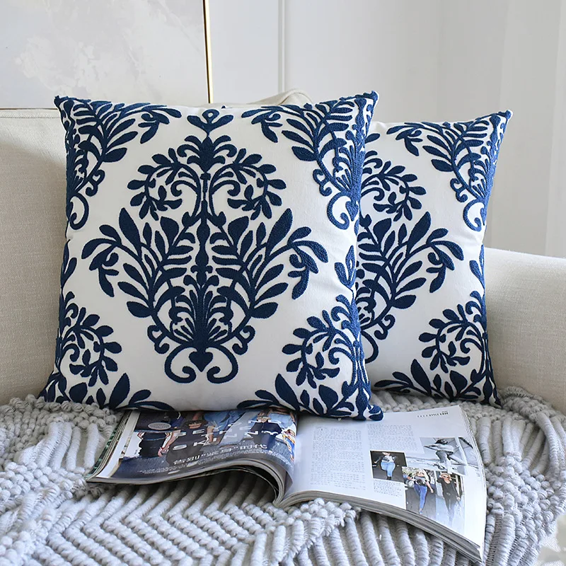 

2pcs/set Chinese Classical Home Decor Sofa Cushion Cover Embroidered Retro Pillowcase Blue and White Porcelain Waist Pillow Case