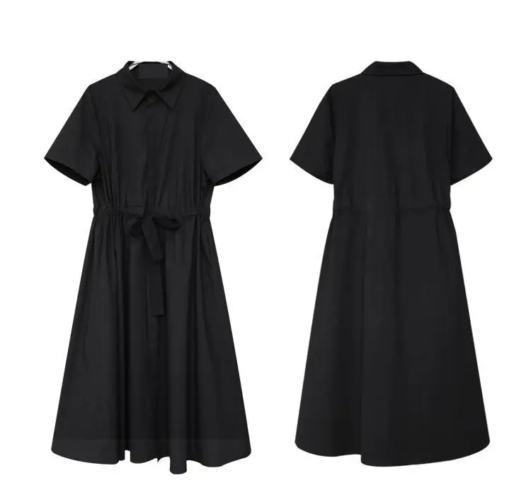 

[Aurance] Women Black Drawstring Split Big Size Bandage Vintage Dresses Women Short Sleeve Loose Long Dresses 2021 Fashion