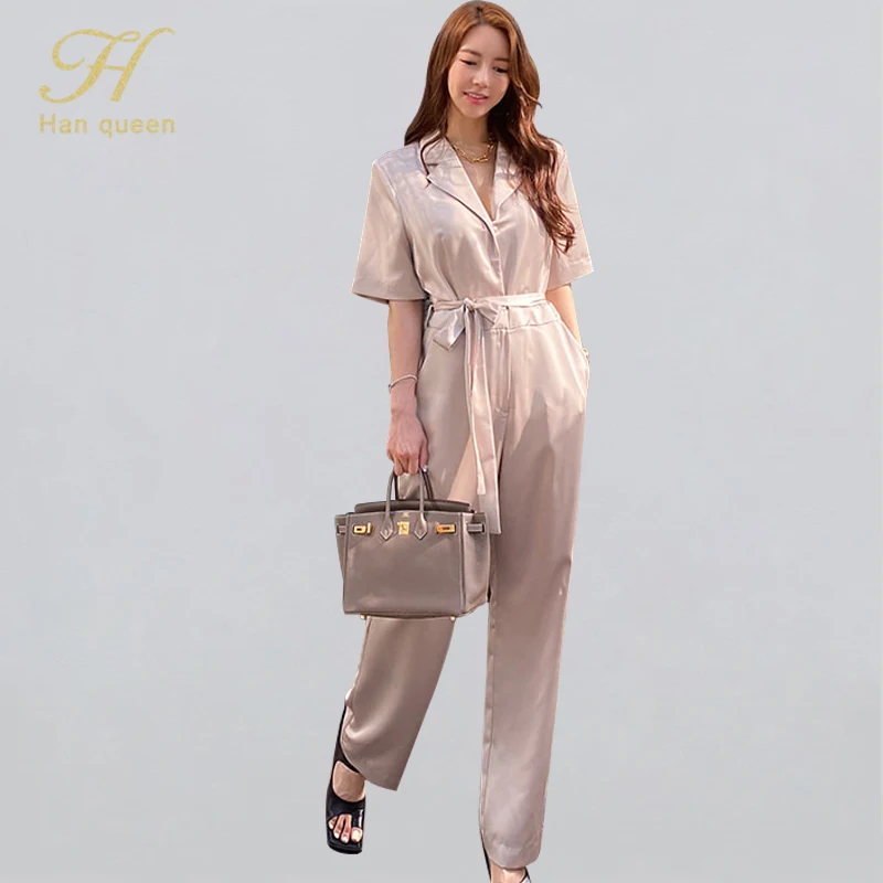 Женский деловой комбинезон H Han Queen летний длинный с отложным воротником и