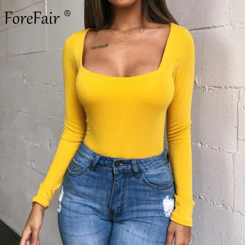 Forefair, длинный рукав, сексуальный боди для женщин, зима, базовые Топы, квадратный вырез, тонкий, черный, белый, желтый, однотонный, бодикон, боди - Цвет: Yellow Bodysuit