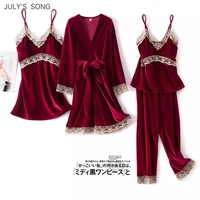 julys song fashion velvet 4 pieces warm winter pajamas sets women sexy lace robe pajama sleepwear suit sleeveless nightwear
