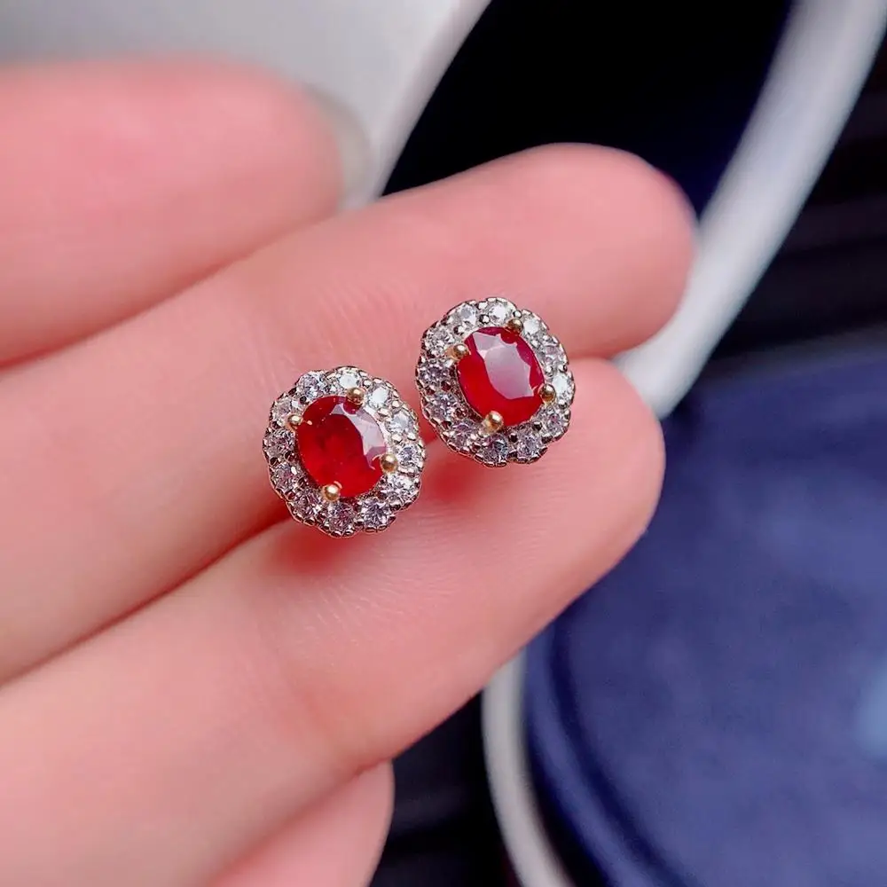 

shilovem 925 sterling silver real natural Ruby Stud Earrings fine Jewelry trendy women party gift new plant 4*5mm de0405999agh