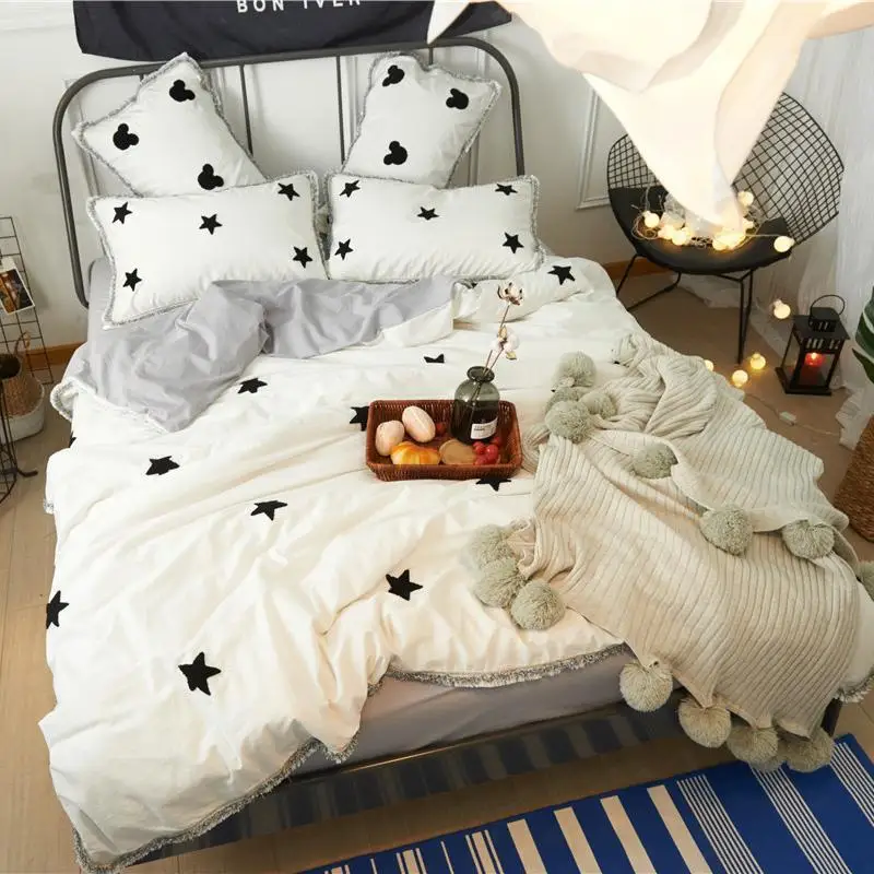 

JPcs Washed Cotton star embroidery Bedding Set Yarn Dyed Tassels Duvet cover set Bed Sheet Pillowcases Queen King size bed linen