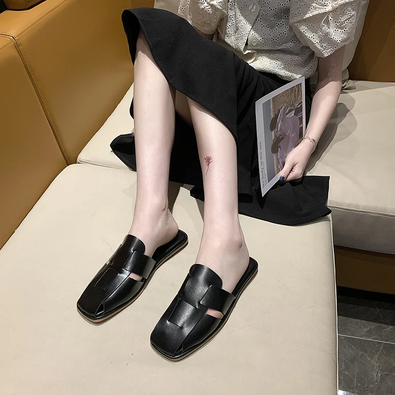 

Cover Toe Shoes Woman 2021 Square heel Female Mule Pantofle Slippers Soft Low Luxury Slides Block Mules New Comfort Flat Summer