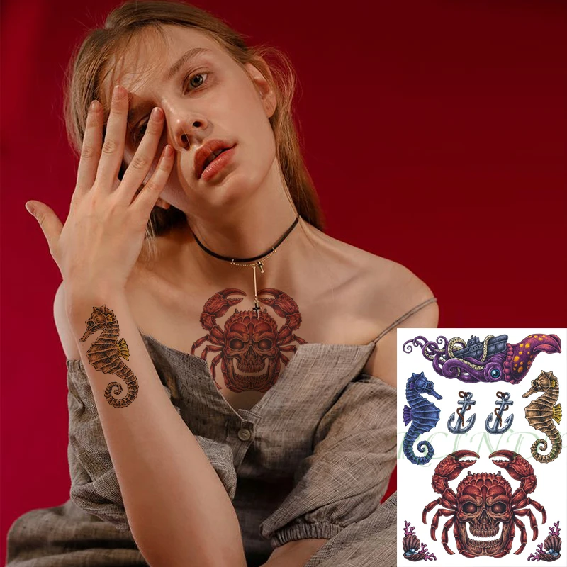 Waterproof Temporary Tattoo Sticker Octopus Boat Seahorse Skull Crab Anchor Shell Flash Tatoo Fake Tatto Art for Men Women | Красота и