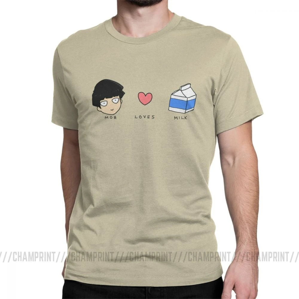 Mob Loves Milk Mob Psycho 100 футболки мужские хлопковые новые футболки с круглым вырезом футболка с коротким рукавом Одежда с принтом - Цвет: Хаки
