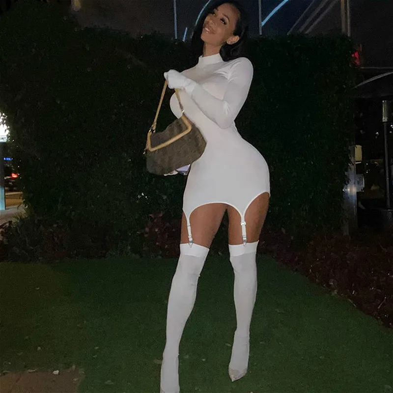 

Комплект из двух предметов, женское осеннее однотонное облегающее мини-платье с длинным рукавом и чулками с подвязками, Клубные сексуальны...