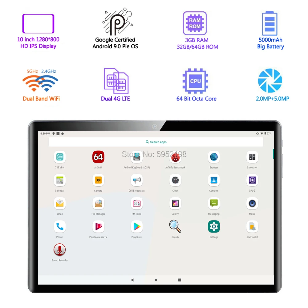 

2020 Global Version 10 inch tablet PC 3GB RAM 64GB ROM 1280*800 IPS Dual SIM Card 4G LTE Network 5G Wifi Octa Core Android 9.0