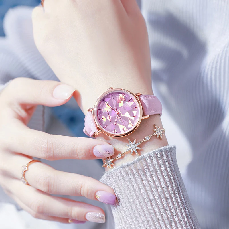 

Broken Glass Refraction Shine Dial Bling Quartz Ladies Watch Woman Leather Strap Wrist Watches Waterproof Cool Girl Gift Female