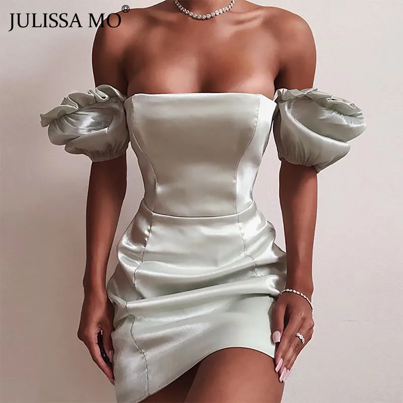 BLUE Julissa mo сатиновое элегантное женское платье с пышными рукавами, Осеннее облегающее мини-платье без бретелек, модные Клубные вечерние платья с оборками, короткие платья - Цвет: BLUE