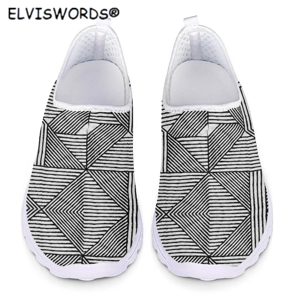 

ELVISWORDS African Tribe Black and White Stripes Women Flat Shoes Slip on Breathable Mesh Running Footwear Girls Light Sneaker