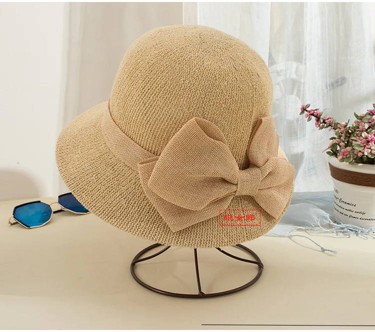

Khaki fisherman's hat sun hat spring and summer women's Korean sun hat spring and autumn flax bow small hat