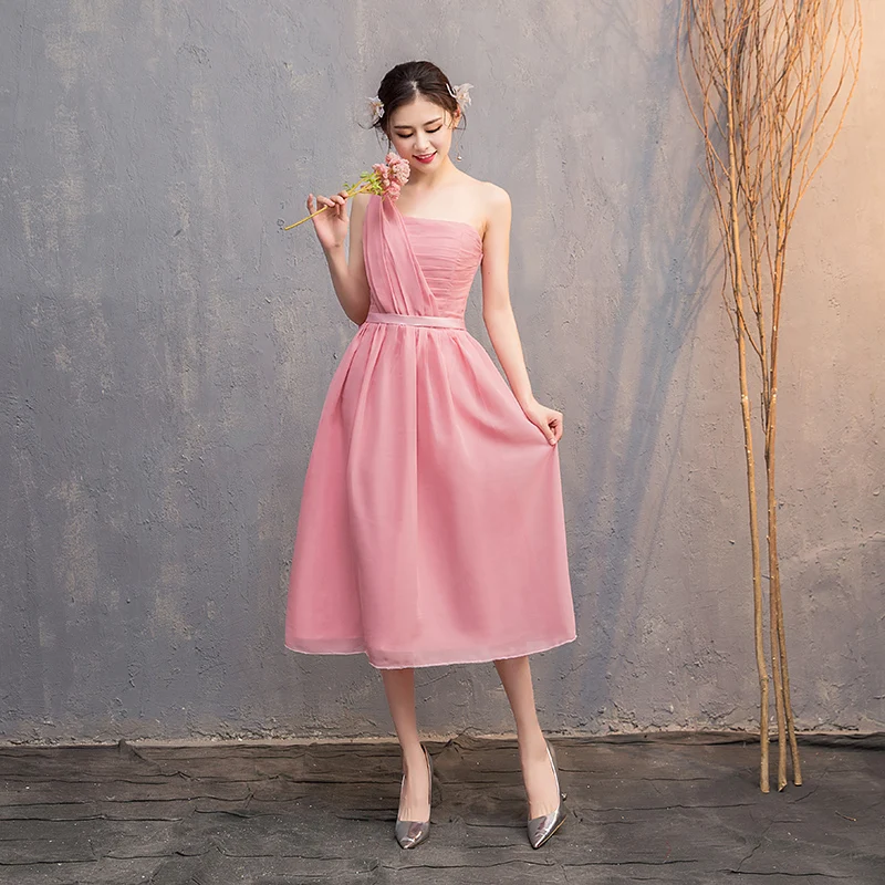 Свадебное платье для гостей длиной до середины икры Простое розовое подружки