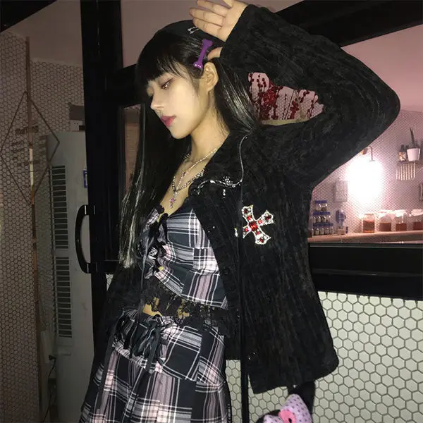

Black Y2K Sexy Punk Gothic Female Short Coat Streetwear Black Female Jacket Cross Rhinestone Knitted Cardigan Outwear Overcoat