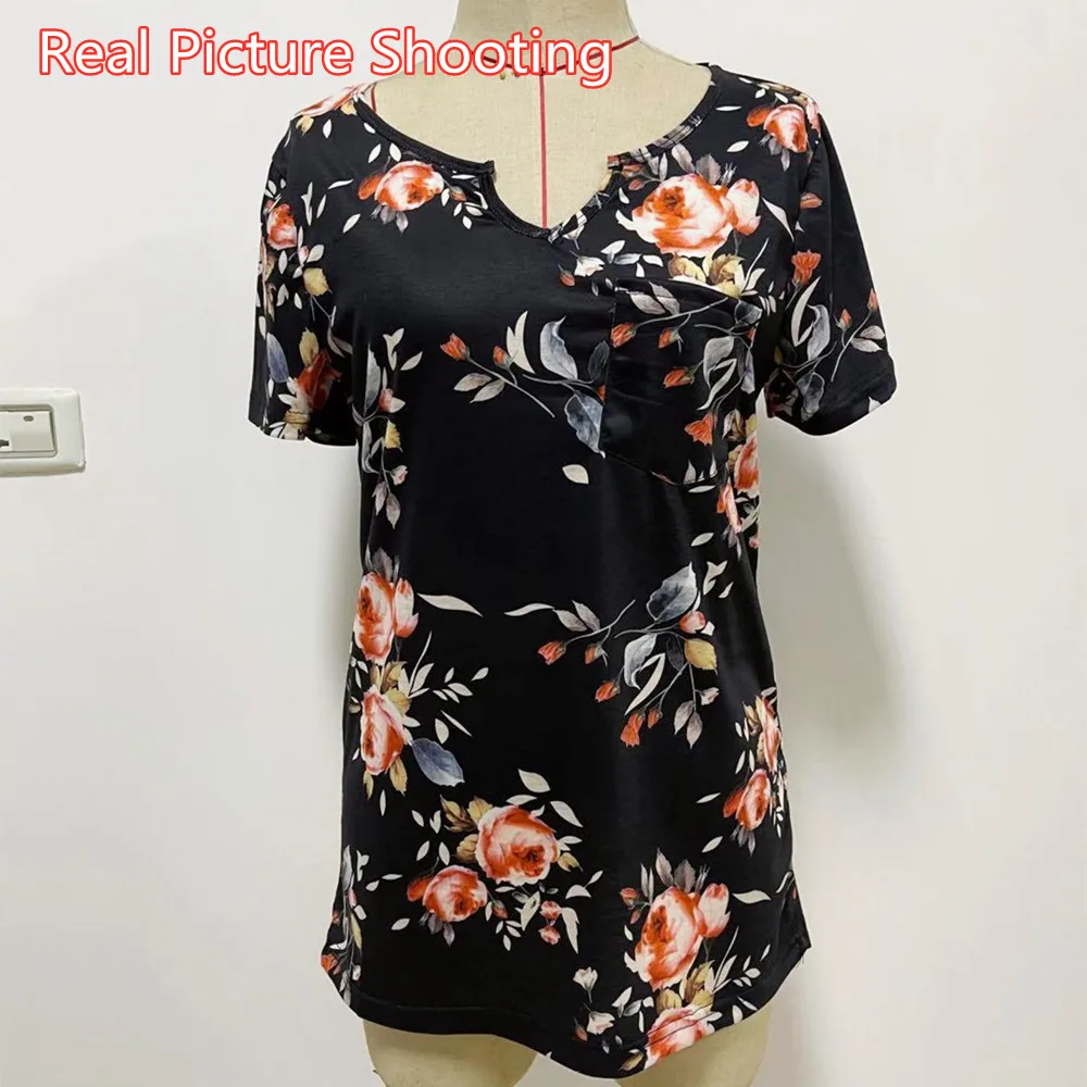 

2021 Summer New Women s T Shirts Fashion Casual V Neck Floral Pockets Short Top Women Sexy Tops Aesthetic Clothes Clothing