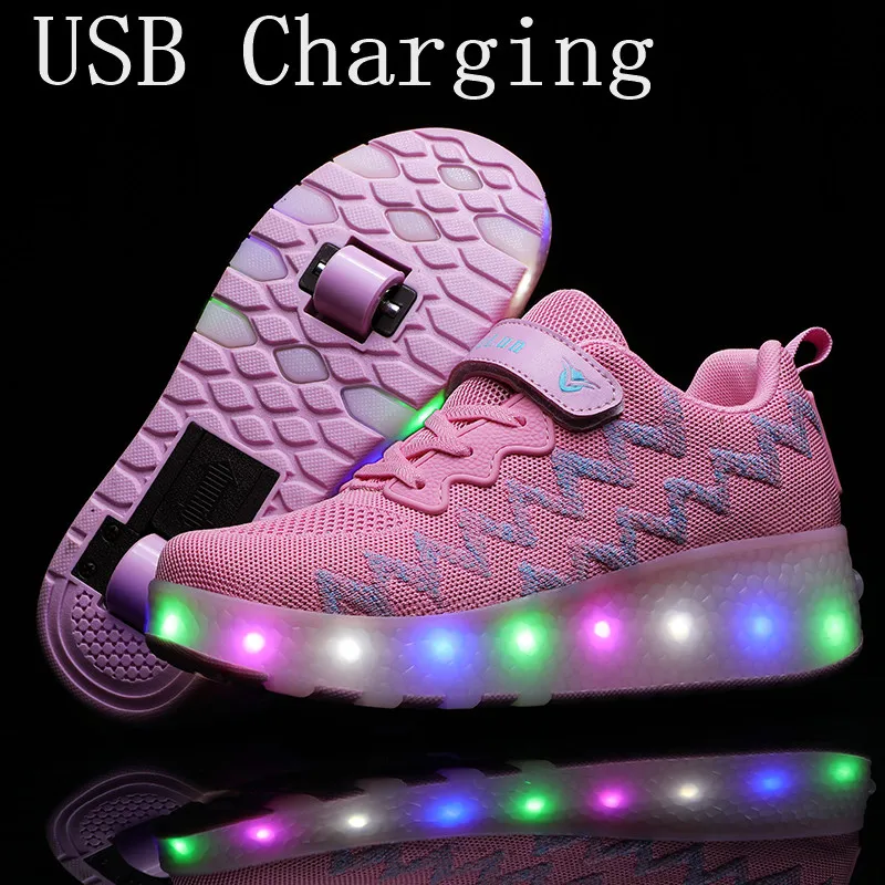 

New Pink USB Charging Fashion Girls Boys LED Light Roller Skate Shoes For Children Kids Sneakers With Wheels Two wheels