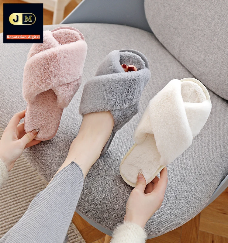 

Warm Fluffy Slippers Women Cozy Faux Fur Cross Indoor Floor Slides Flat Soft Furry Shoes Ladies Female Celebrities Flip Flops