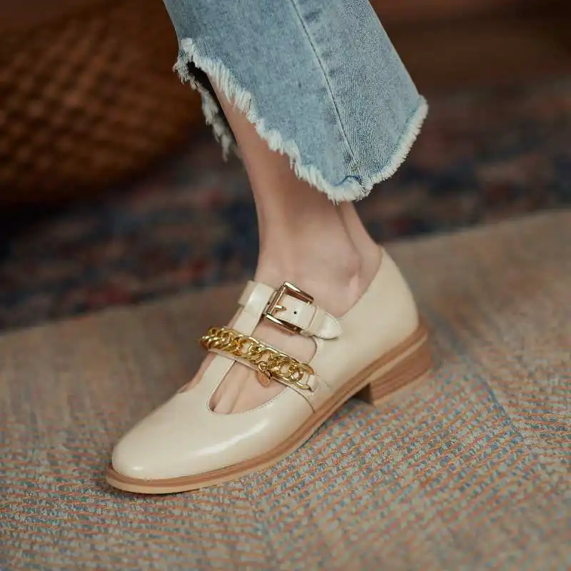 

Vichelo Hot 2021 big size cow leather round toe med heel shallow spring shoes chain T-strap dress brand concise women pumps L5f3