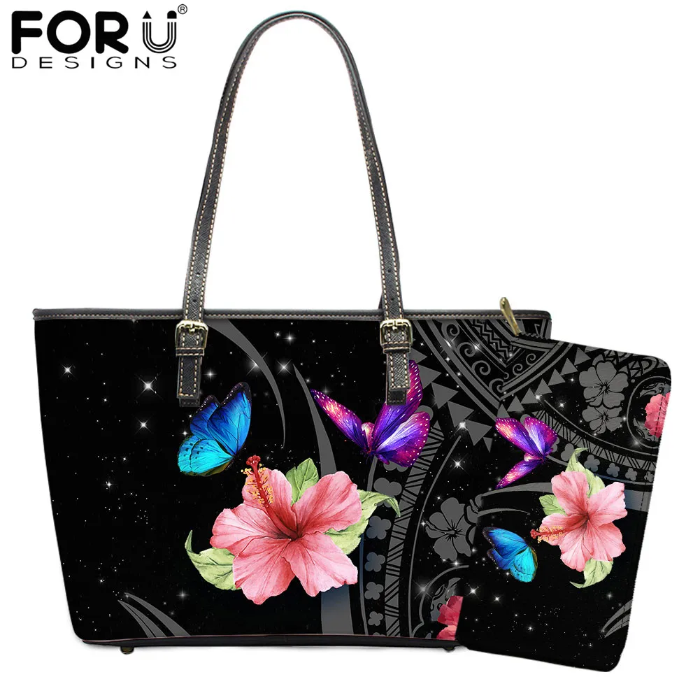 

FORUDESIGNS Hot Selling 2Pcs Handbag Set Polynesian Butterflies Tropical Plumeria and Hibiscus Print Female Leather Shoulder Bag