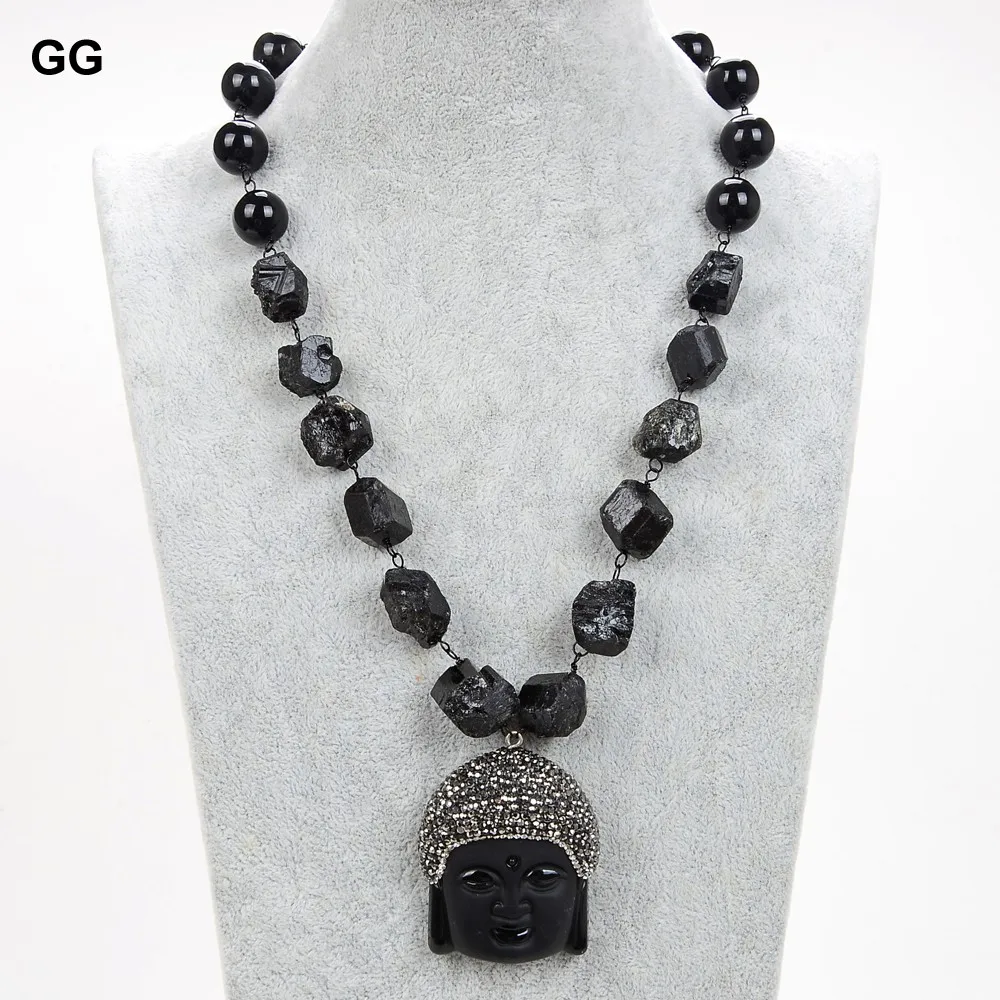 

GG Jewelry 21'' Natural Black Tourmaline Rough Black Round Onyx Necklace Carved Buddha CZ Paved Pendant