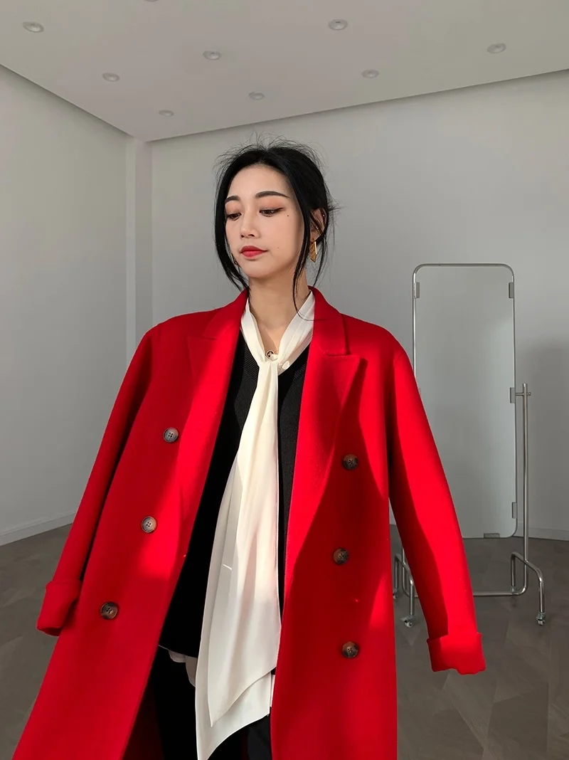 High-end gas field red suit collar mid-length double-sided cashmere coat woolen coat Korean version 21 new