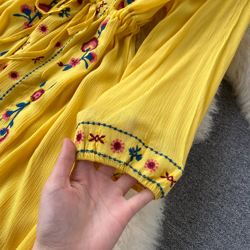 Богемное Женское Платье макси с цветочной вышивкой винтажное повседневное