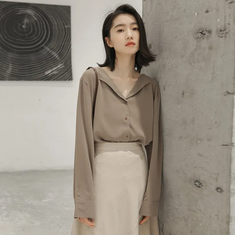 Женская шифоновая блузка с длинным рукавом, однобортная Свободная Повседневная рубашка с V-образным вырезом, модель V146 в Корейском стиле на весну и осень, 2021