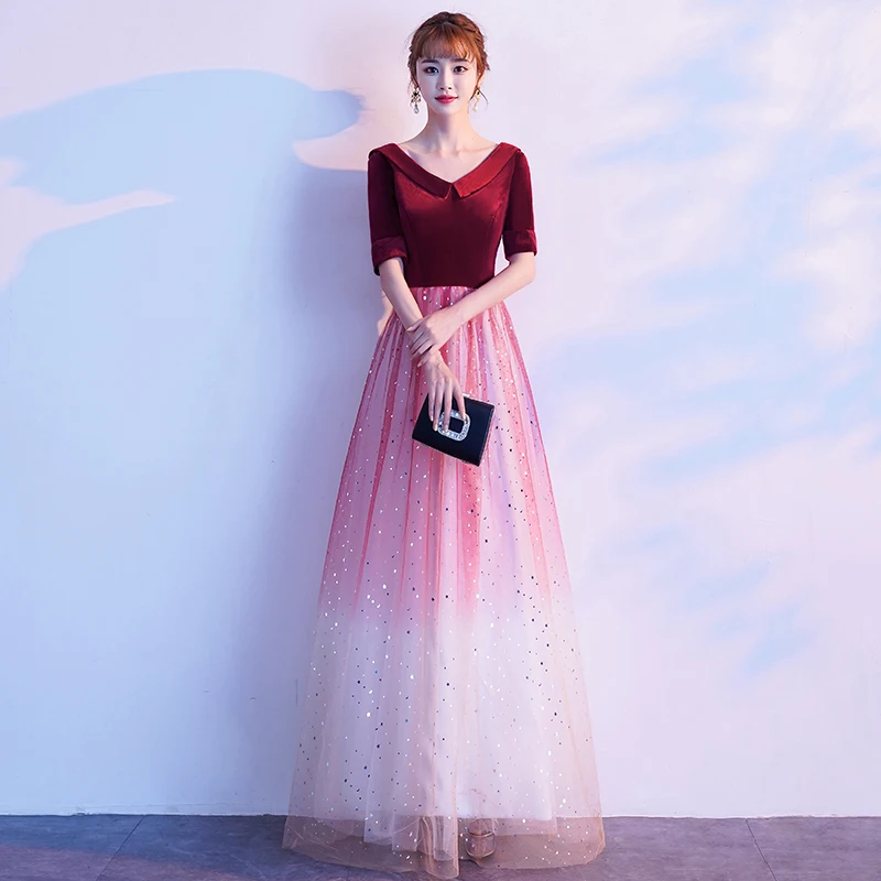 

Burgundy New Evening Dress Simple V-Neck A-Line Elegant Empire Short Sleeves Pleat Floor-Length Woman Formal Party Gowns A1254