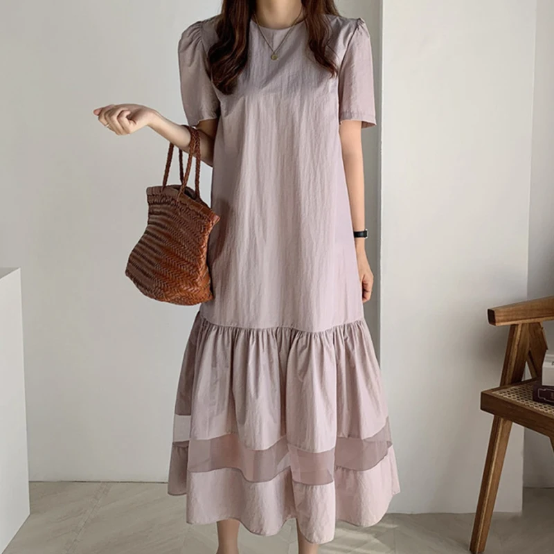 

Pinkou Women Elegant Patchwork Midi Dress O Neck Straight Pink Black Color One Piece Summer Cute Dresses Vestido QA608