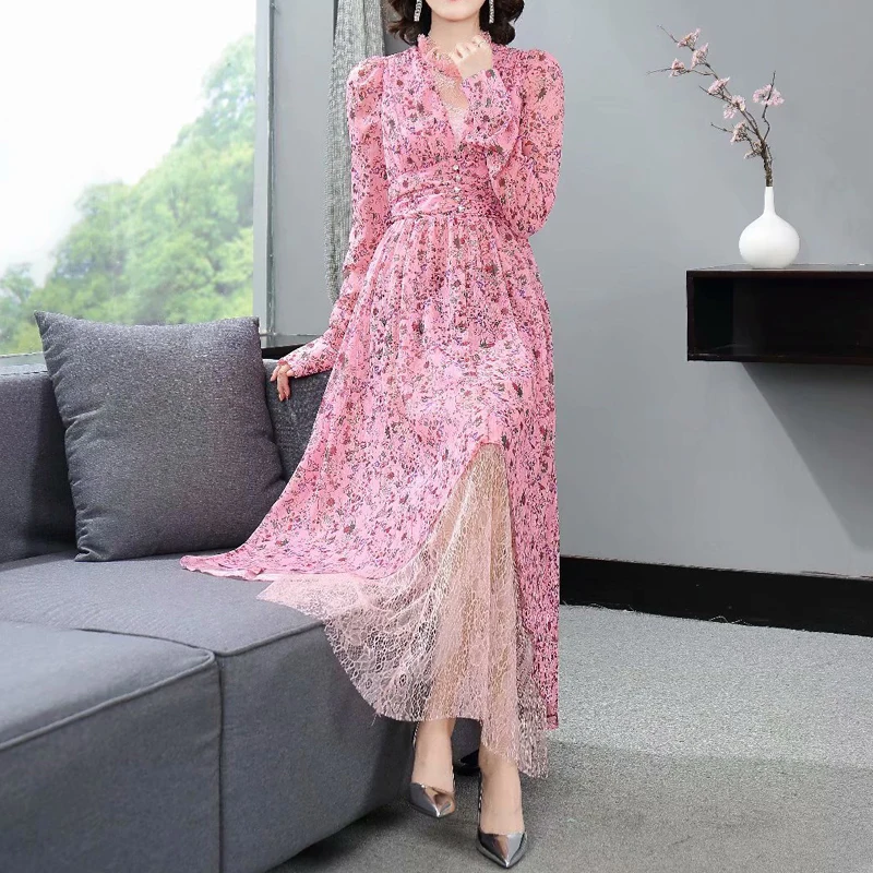 

Runway Designer 2021 Spring Fashion New Women'S V-Neck Slim Flower Print Lace Patchwork Elegant Holiday Party Long Dress