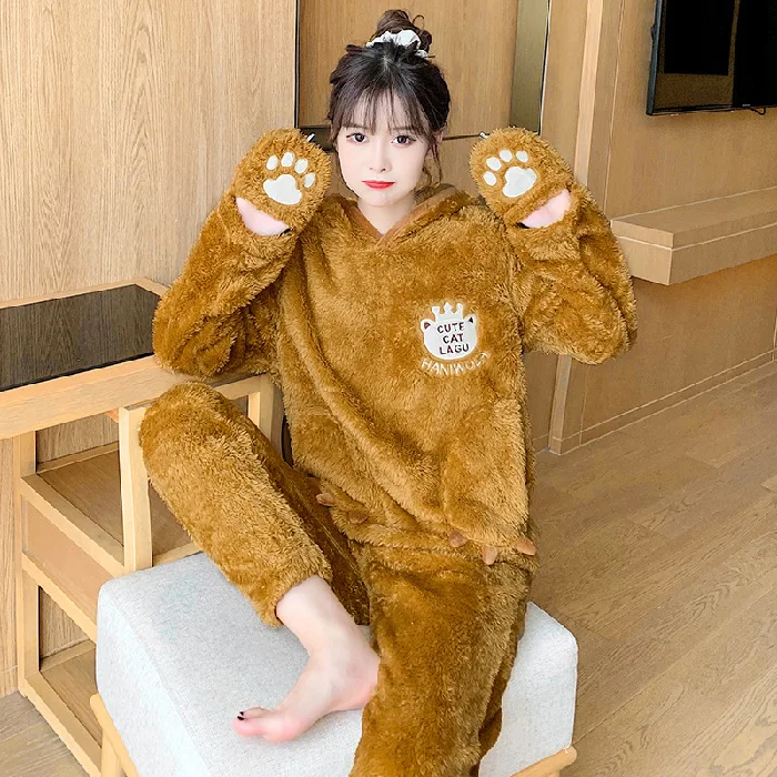 

Женский фланелевый теплый Пижамный костюм из 2 предметов, зимняя новая утепленная одежда для сна, милая мультяшная искусственная Свободная ...