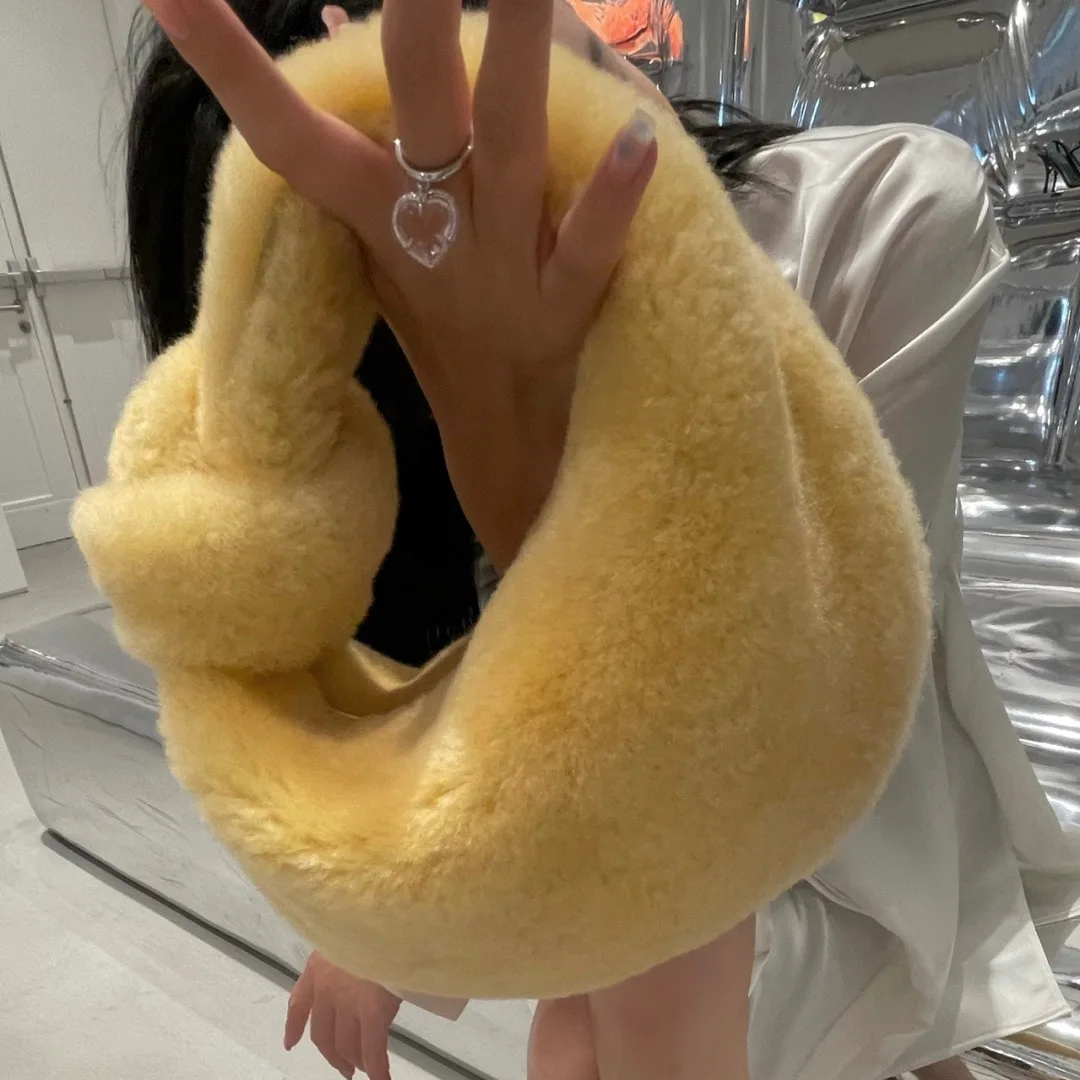 Knot Handle Faux Fur Handbags for Women Winter Cute Ladies Hand Bag Fairy Female Purses and Clutch Plush Small Brand Designer |