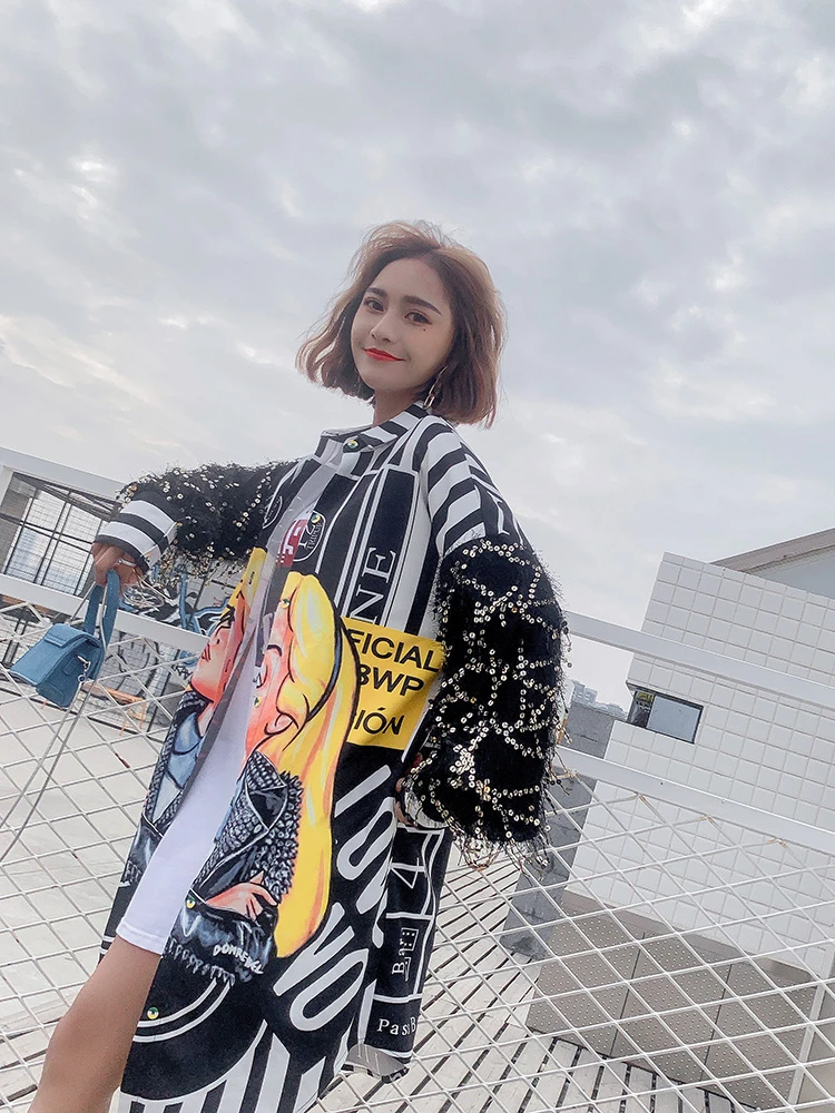 

XUXI 2020 Tassel Sequin Sleeves Blouse Women Cartoon Print Blouse Long Irregular Blouse Single Breasted Harajuku Tops Hot FZ0506