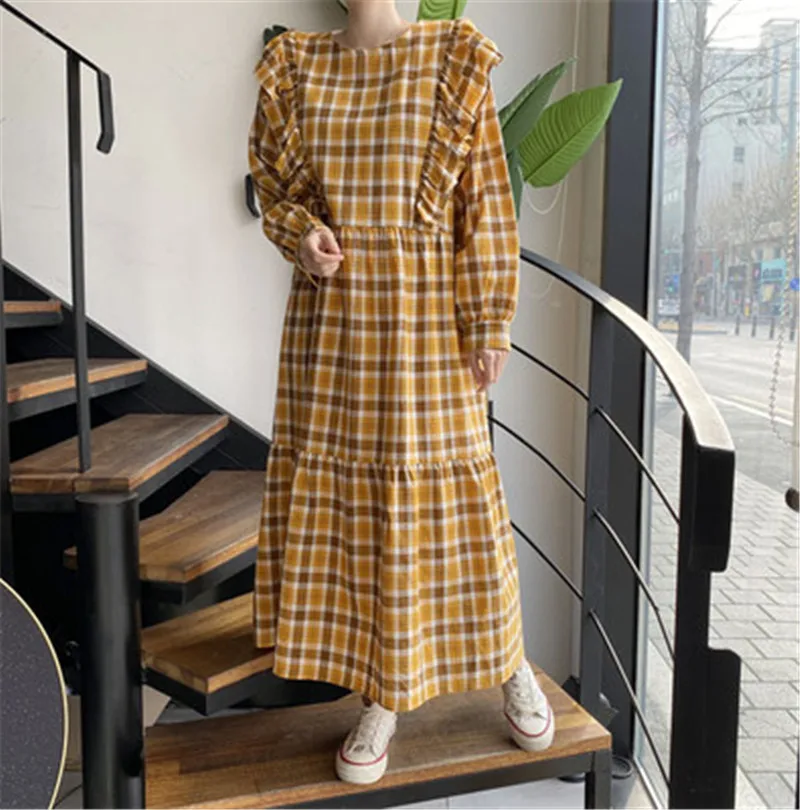 Женское винтажное платье в клетку Свободное длинное большого размера с оборками