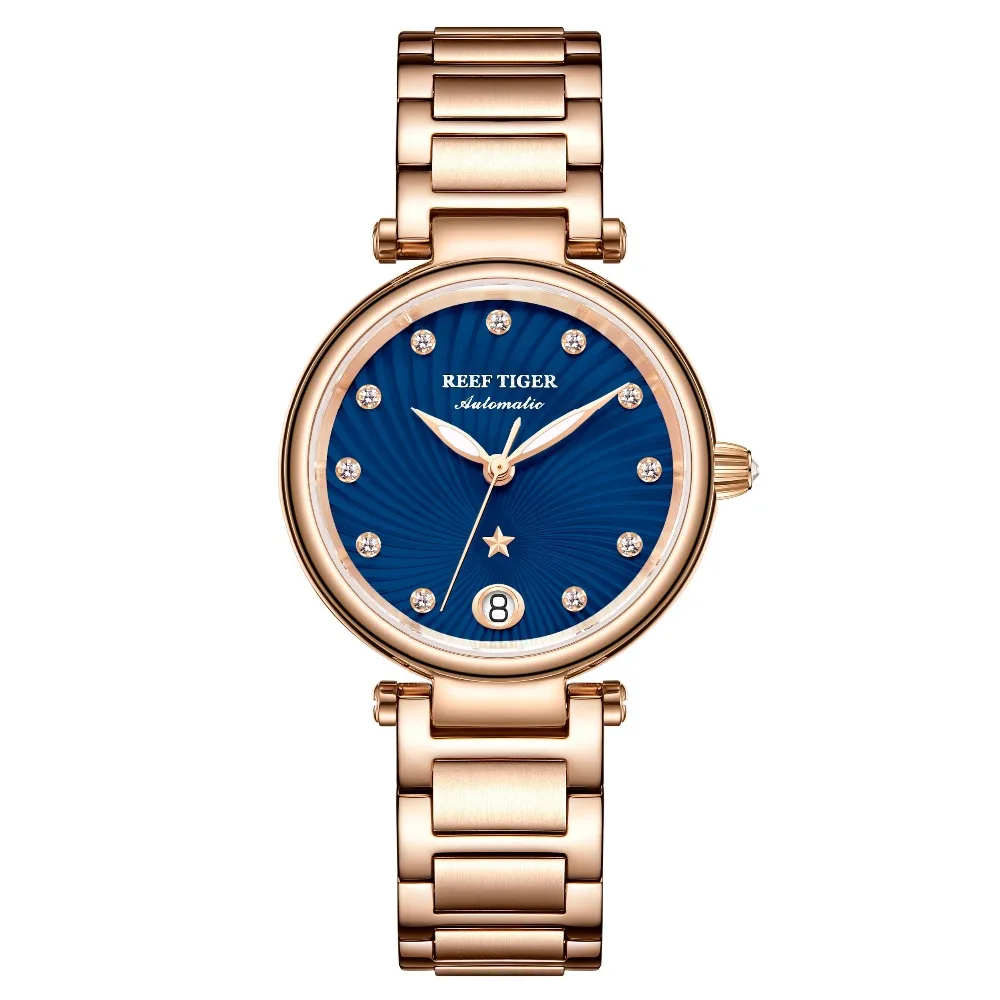 

Reef Tiger/RT New Design Luxury Rose Gold Watch Blue Dial Automatic Watches Women Diamond Bracelet Watch reloj mujer RGA1590