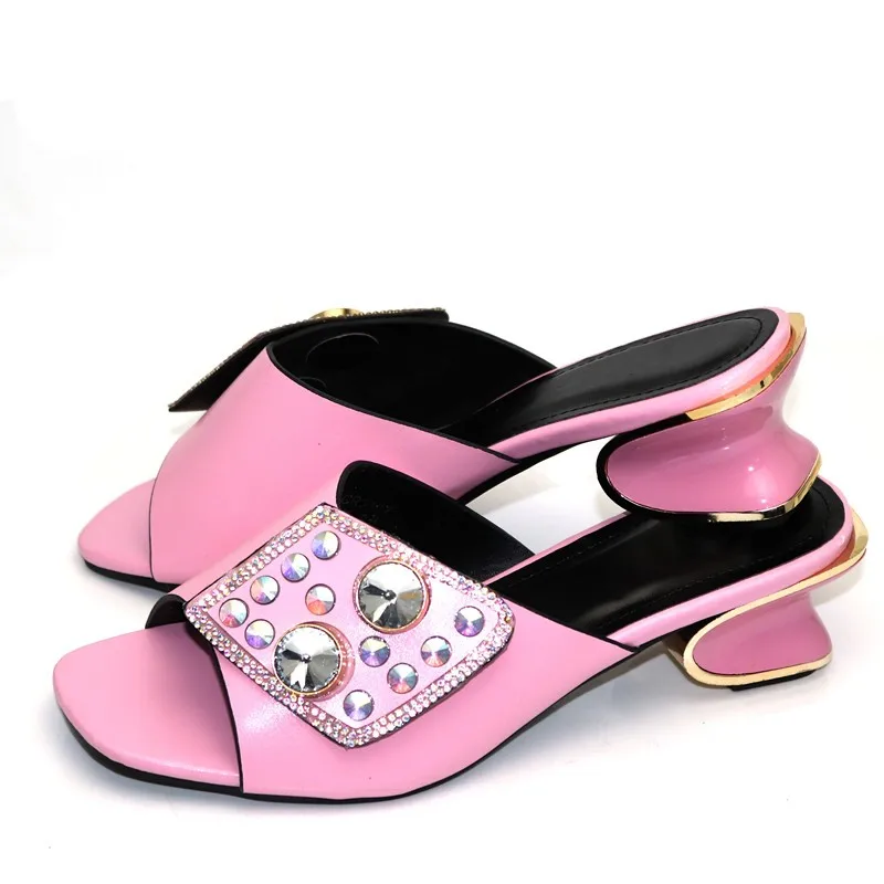 New fashion pink women shaped heel shoes with metal decoration african pumps for dress CR2117,heel 5.3CM