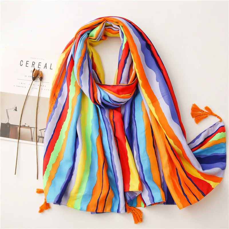 

2021 Women Spain Fashion Paisley Striped Tassel Viscose Shawl Lady Rainbow Print Wrap Pashmina Stole Bufandas Muslim Hijab Snood