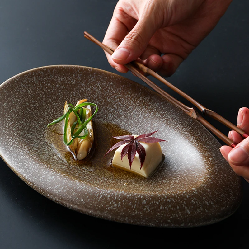 KINGLANG Design Nordic Brown Color Sushi Plate Rice Bowl for Restaurant Pebbles Feeling Smooth Sauce Dish