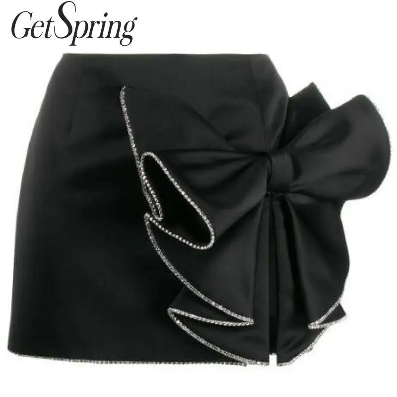 GetSpring Женская юбка Стразы цепочка черные юбки с высокой талией бантом разрезом