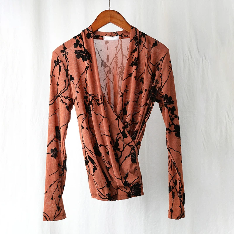 CHICEVER принт нестандартные футболки для женщин v-образный вырез длинный рукав