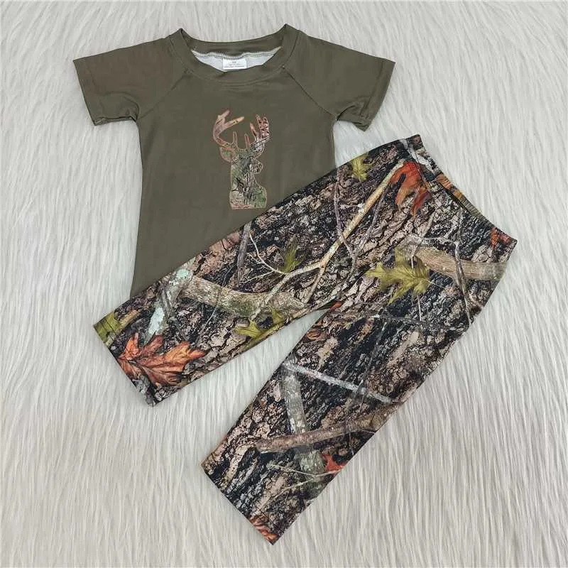 

Toddlers Army Green Outfits Baby Boy Short Sleeves Deer Top And Camouflage Joggers Children Clothing Boutique Ready To Ship Sets