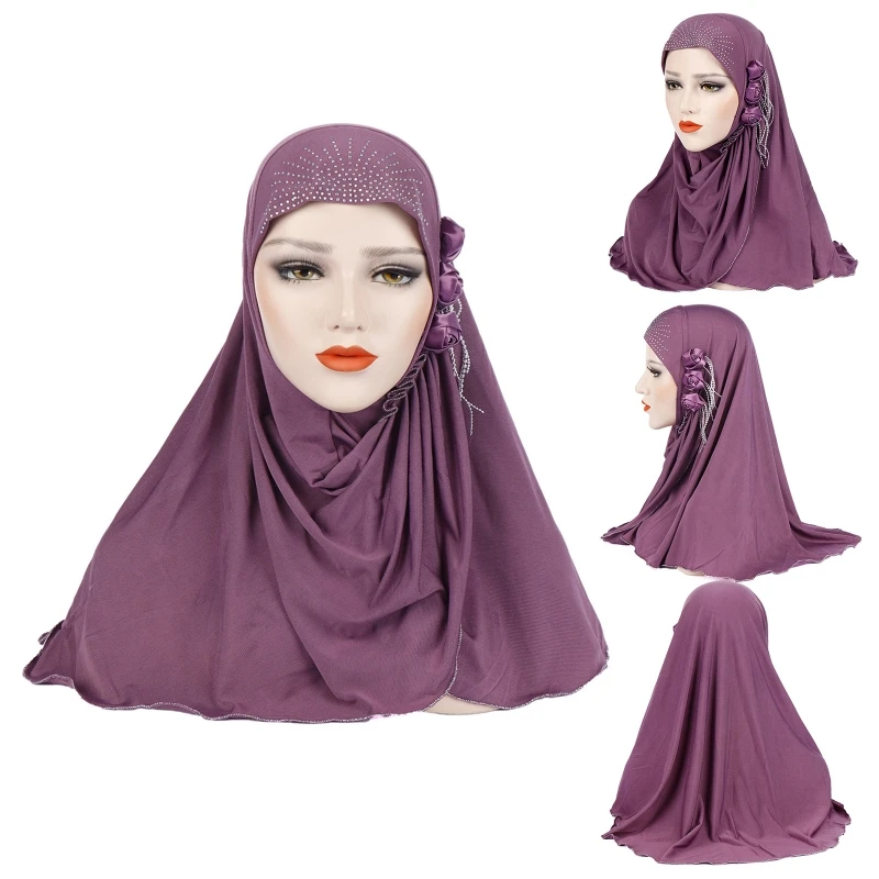

Women Muslim Arab Hijab Cap Long Scarf Wrap Ice Silk Rose Flower Tassels Solid Color Headscarf Cover Malaysia Turban Hat