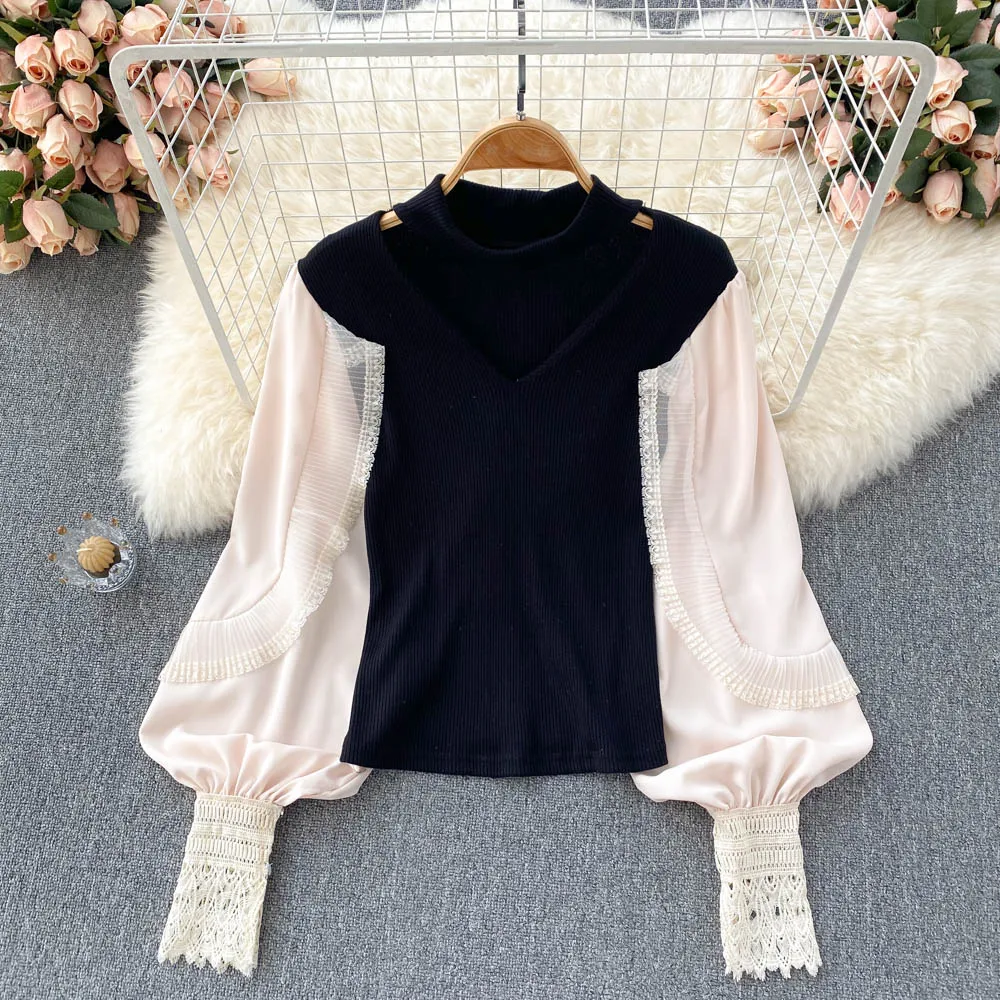 

Women's Elegant Blouse Hollow Out Blusas Chic Chiffon Puff Long-Sleeved Woman Blouses And Shirts Fashion Female Tops Clothing