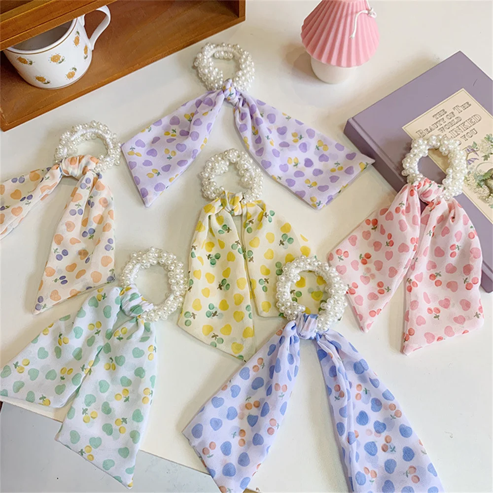 

Pearl Women Hair Bands Flower Hair Scrunchies Streamer Ponytail Holder Hair Ties Retro Rubber Bands Sweet Cute Hair Accessories