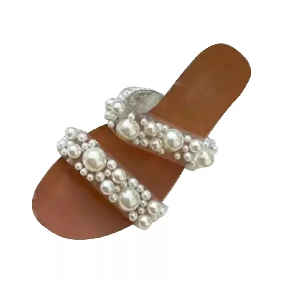 

New Summer Women Sandals Solid Color Pearl Open Toe Flat Sandals Outdoor Beach New Fashion Plus 35-43 Zapatillas Mujer Casa